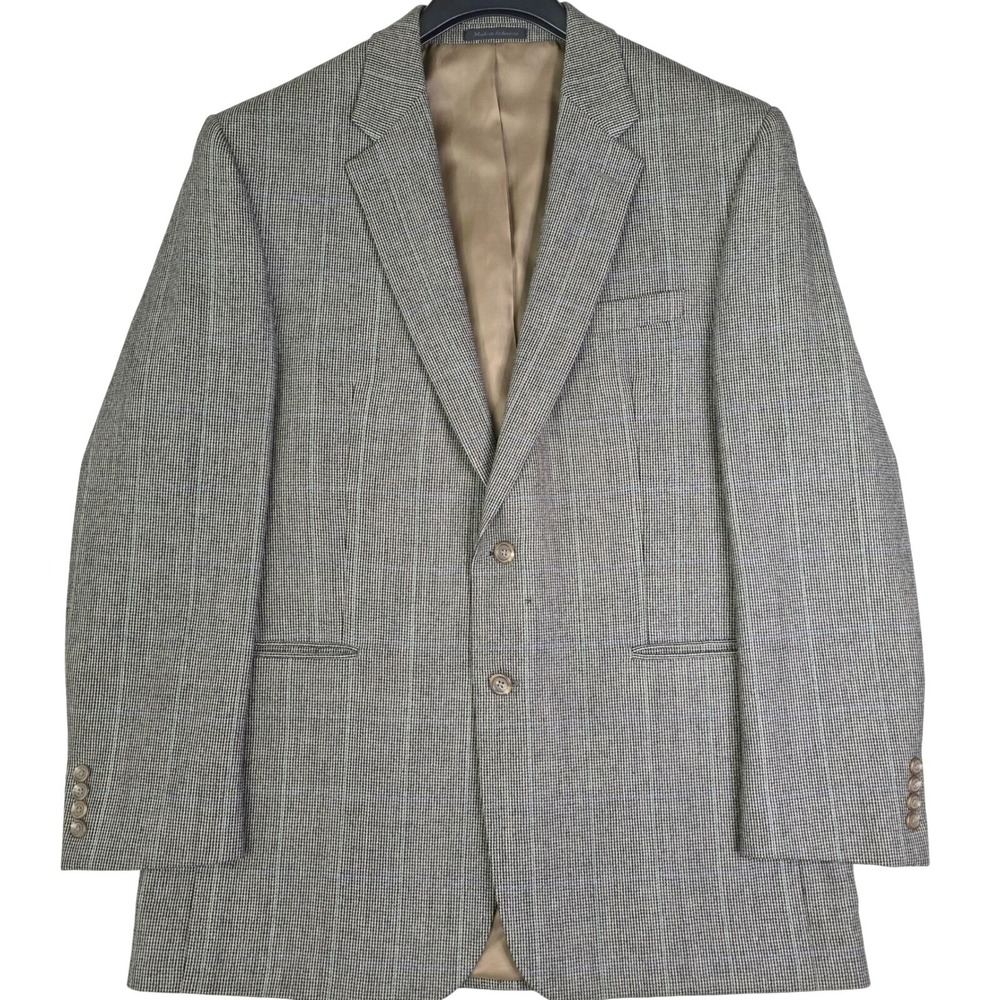 Chaps Men's Size 44L Suit Jacket Blazer Tan Gray with Blue Windowpane 2 Button